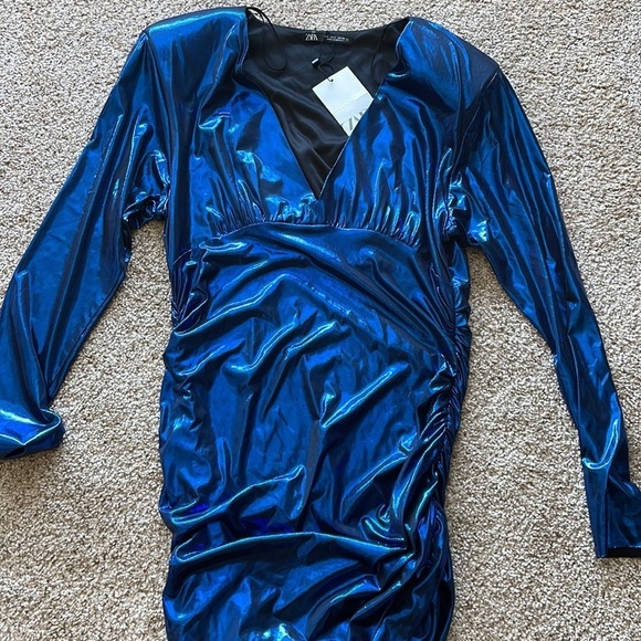 NWT ZARA LAMINATED BLUE DRAPED DRESS - Picture 13 of 14